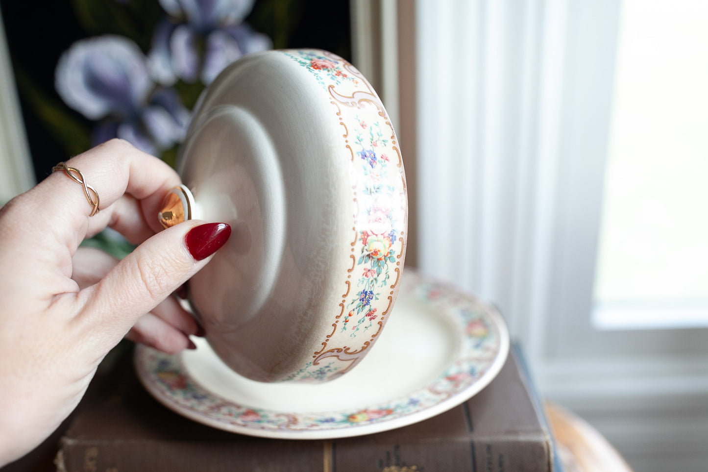 Vintage Stained Rustic Round Butter Dish with Cover and butter plate with a floral design-