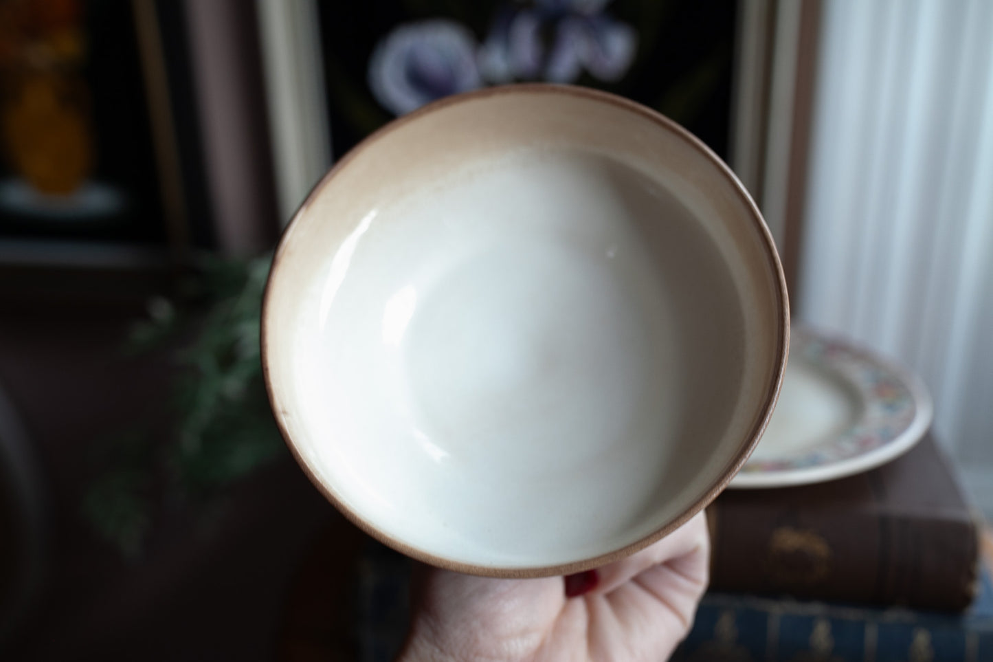 Vintage Stained Rustic Round Butter Dish with Cover and butter plate with a floral design-