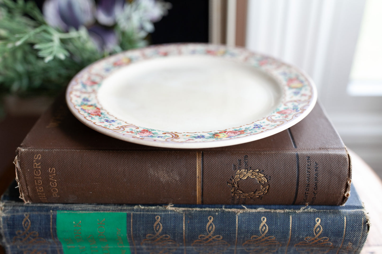 Vintage Stained Rustic Round Butter Dish with Cover and butter plate with a floral design-