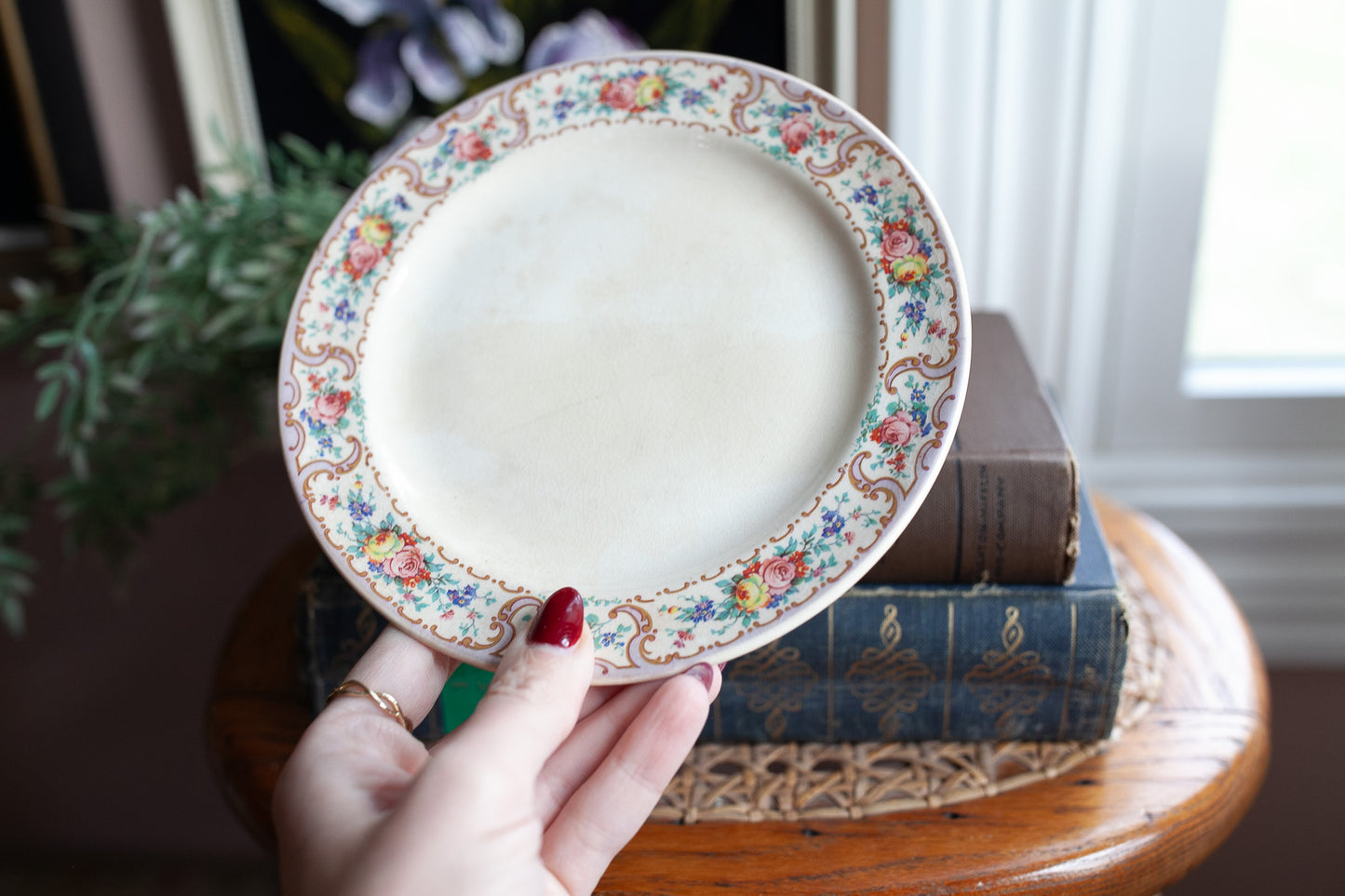 Vintage Stained Rustic Round Butter Dish with Cover and butter plate with a floral design-
