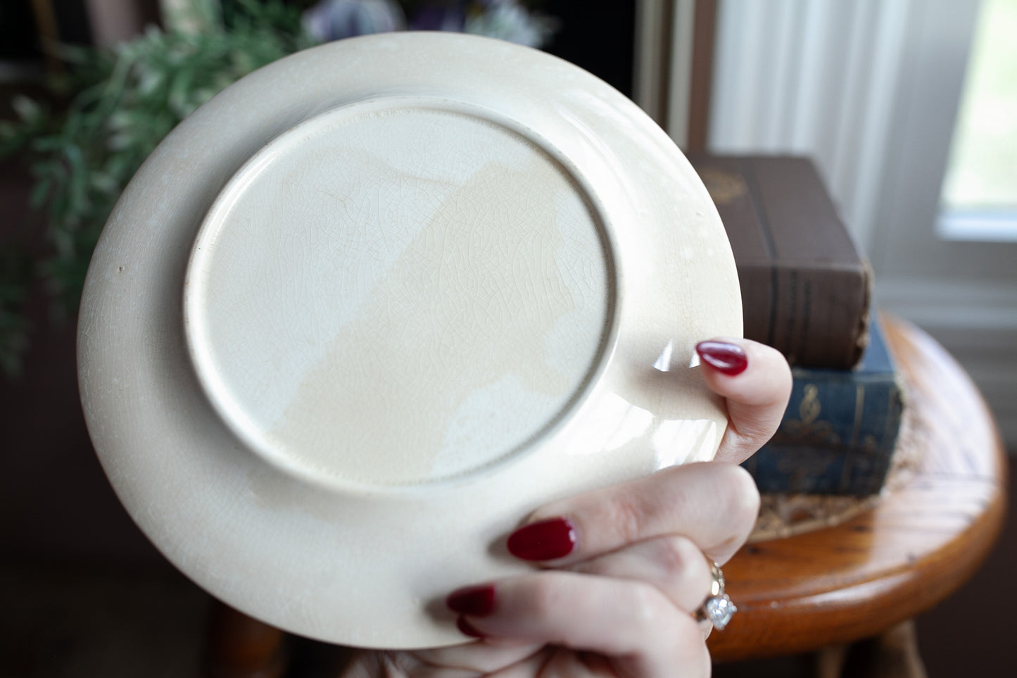 Vintage Stained Rustic Round Butter Dish with Cover and butter plate with a floral design-