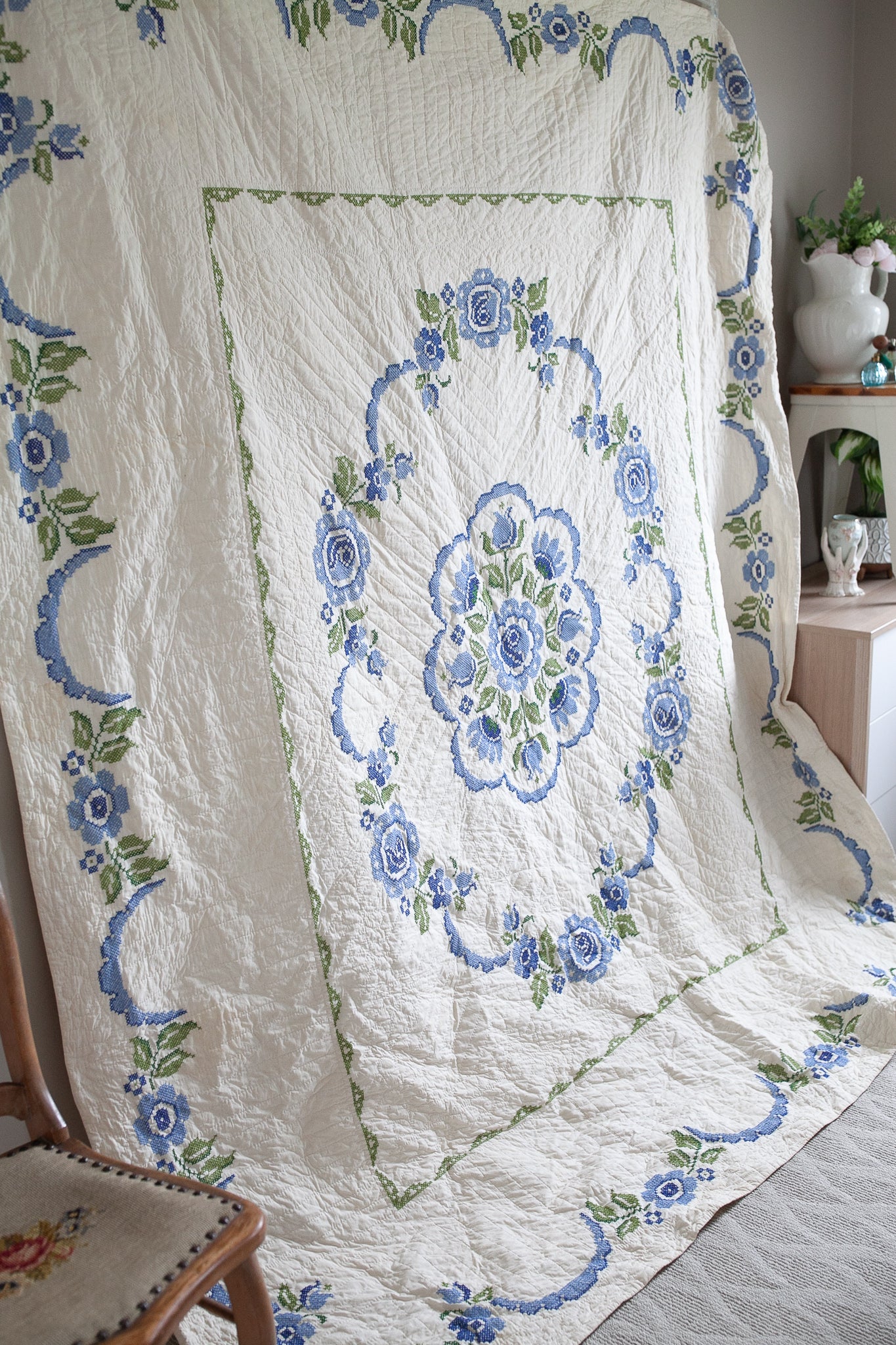 Vintage Blue and Cream Quilt -Cross Stitch Quilt- Quilt