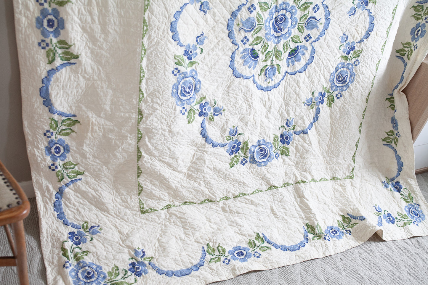 Vintage Blue and Cream Quilt -Cross Stitch Quilt- Quilt