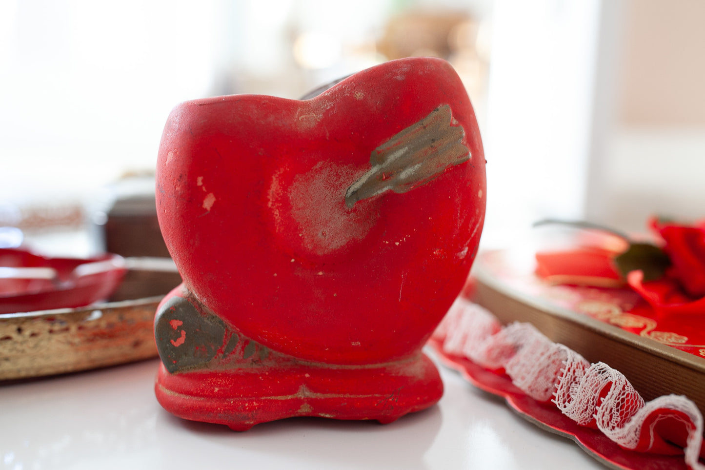 Vintage Heart Vase -Red and Gold- Vintage Valentine Vase