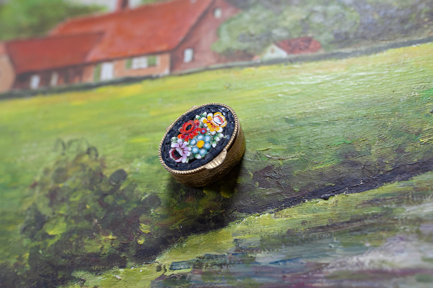 Vintage Micro Mosaic Pill Box - Gold Mini Oval Box -Tooth Fairy box - Black Mosaic and Gold