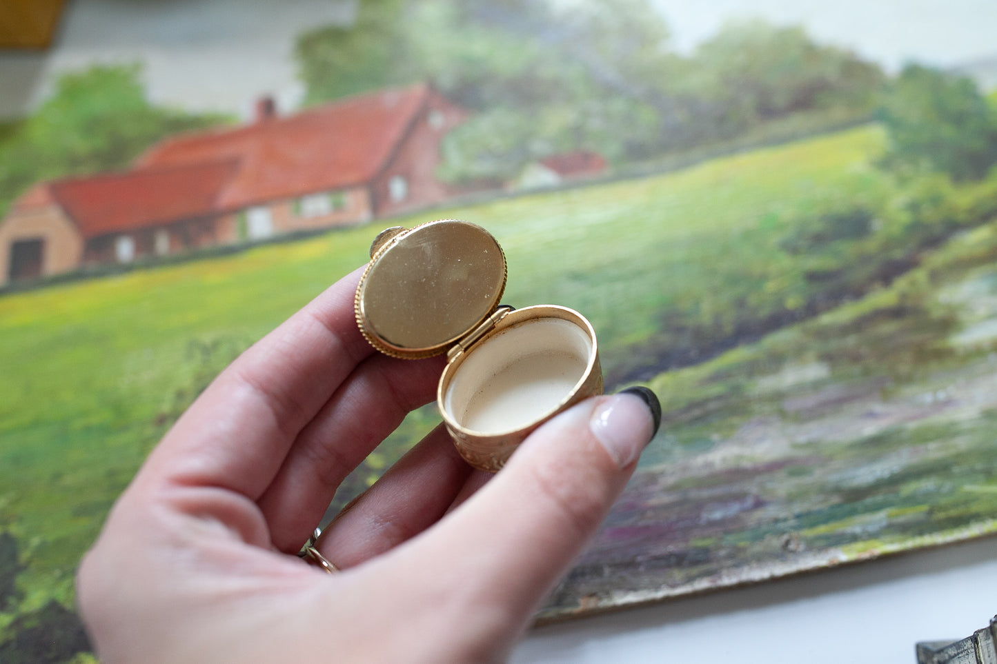 Vintage Micro Mosaic Pill Box - Gold Mini Oval Box -Tooth Fairy box - Black Mosaic and Gold