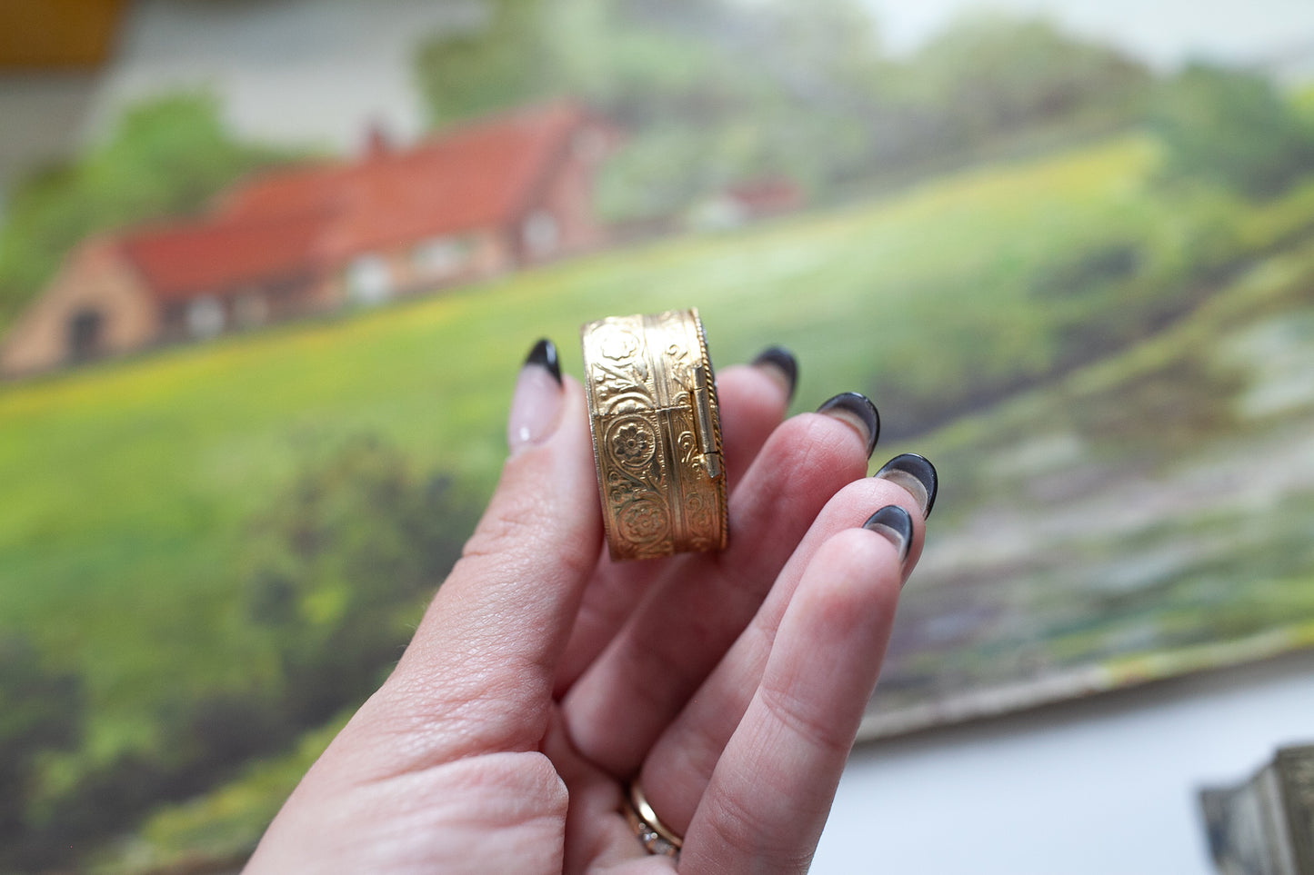 Vintage Micro Mosaic Pill Box - Gold Mini Oval Box -Tooth Fairy box - Black Mosaic and Gold