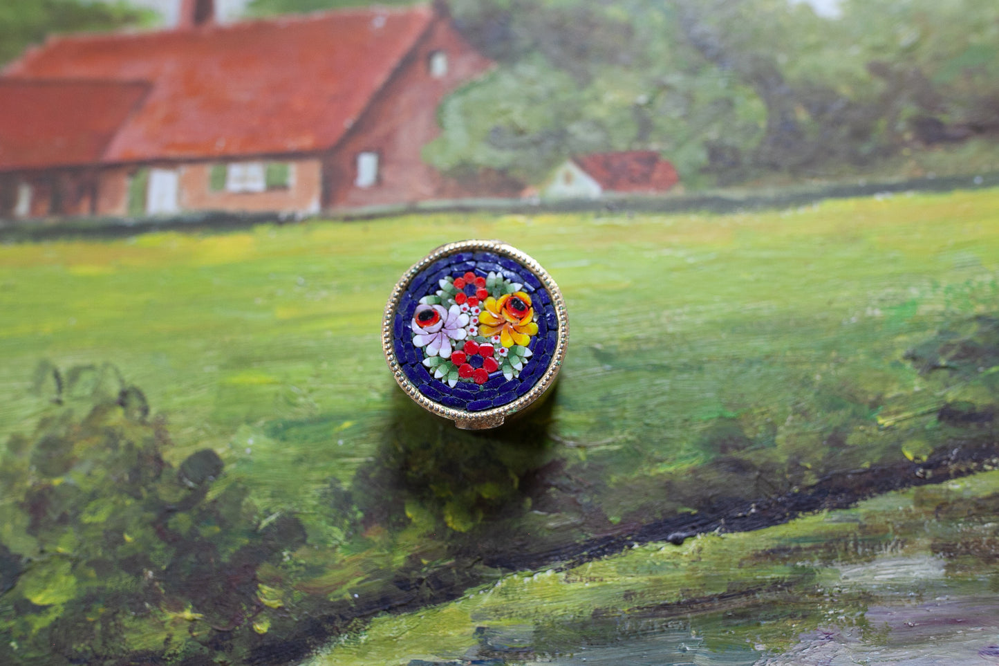 Vintage Micro Mosaic Pill Box - Gold Mini Oval Box -Tooth Fairy box - Navy Mosaic and Gold