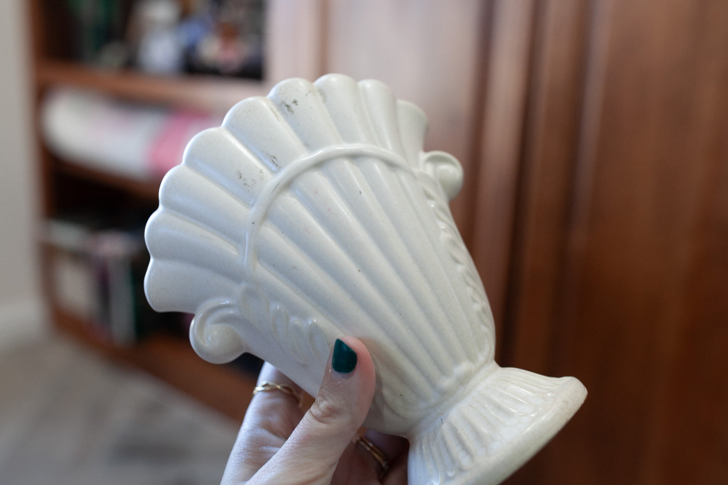 Vintage Pottery Vase- Shell Vase- White Pottery Made in Japan