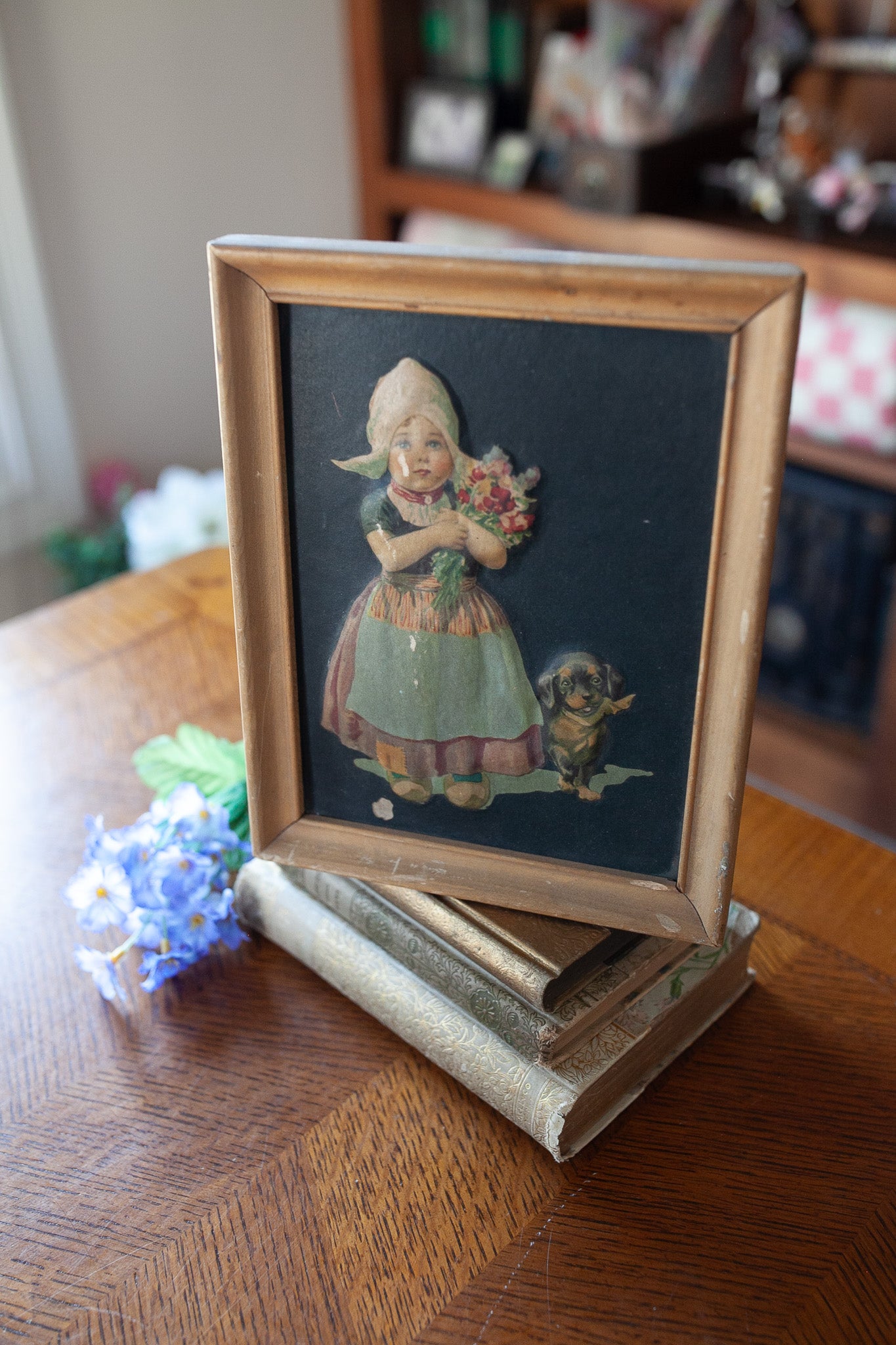 Vintage Artwork- Dutch Girl holding Flowers with her Dog