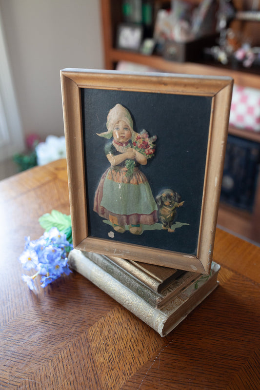 Vintage Artwork- Dutch Girl holding Flowers with her Dog