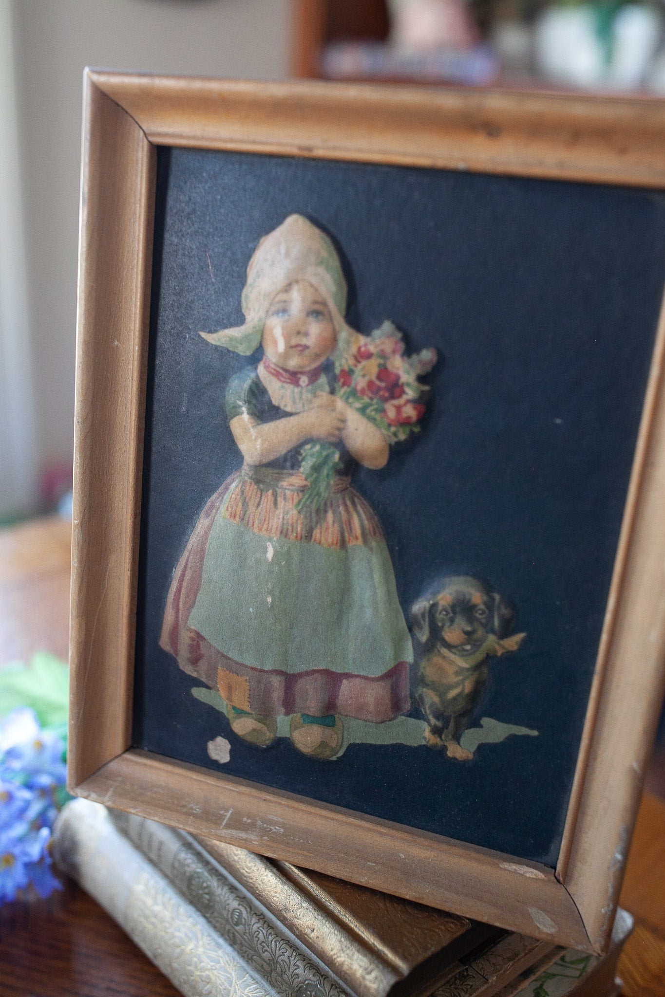 Vintage Artwork- Dutch Girl holding Flowers with her Dog