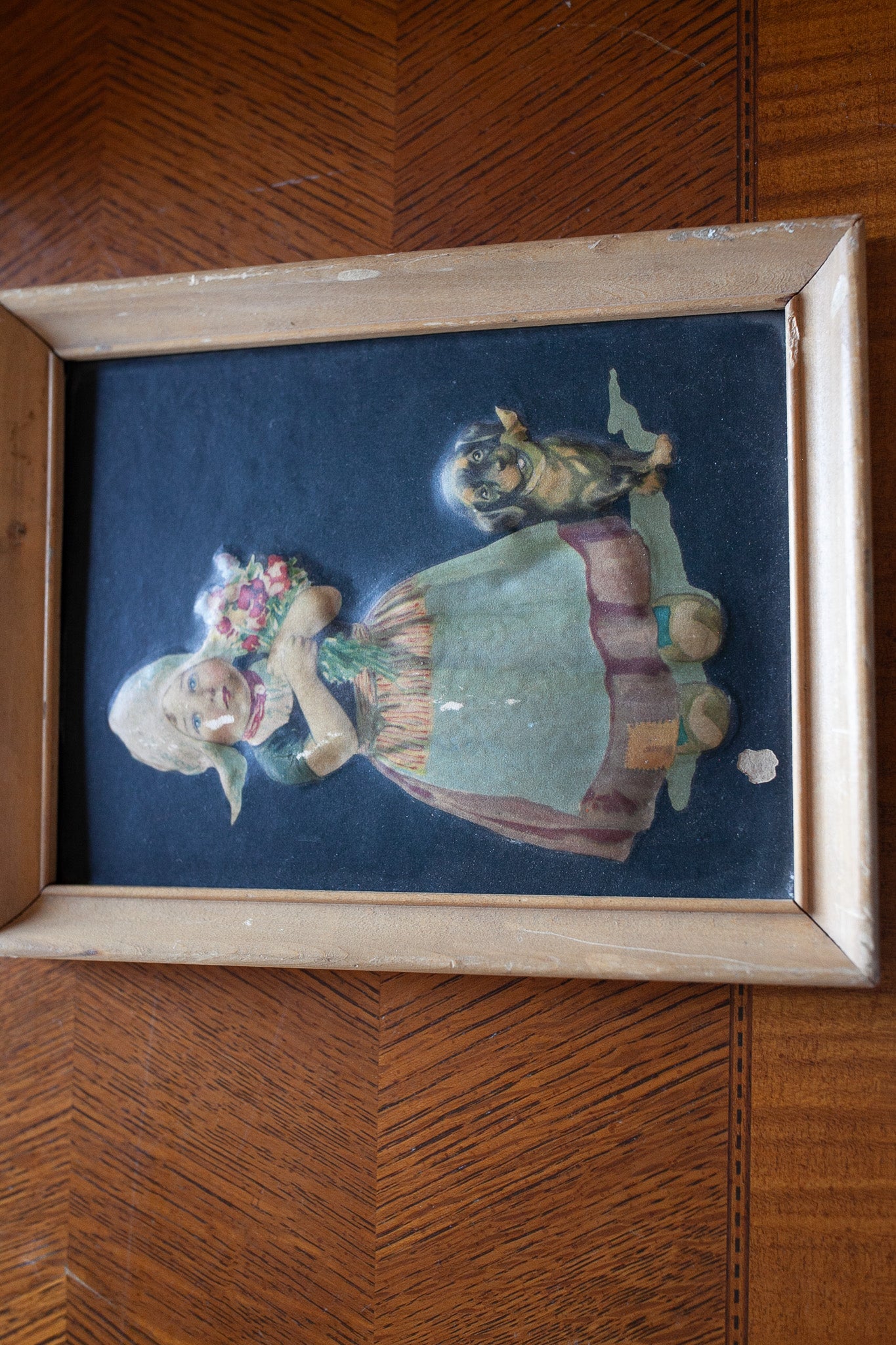 Vintage Artwork- Dutch Girl holding Flowers with her Dog