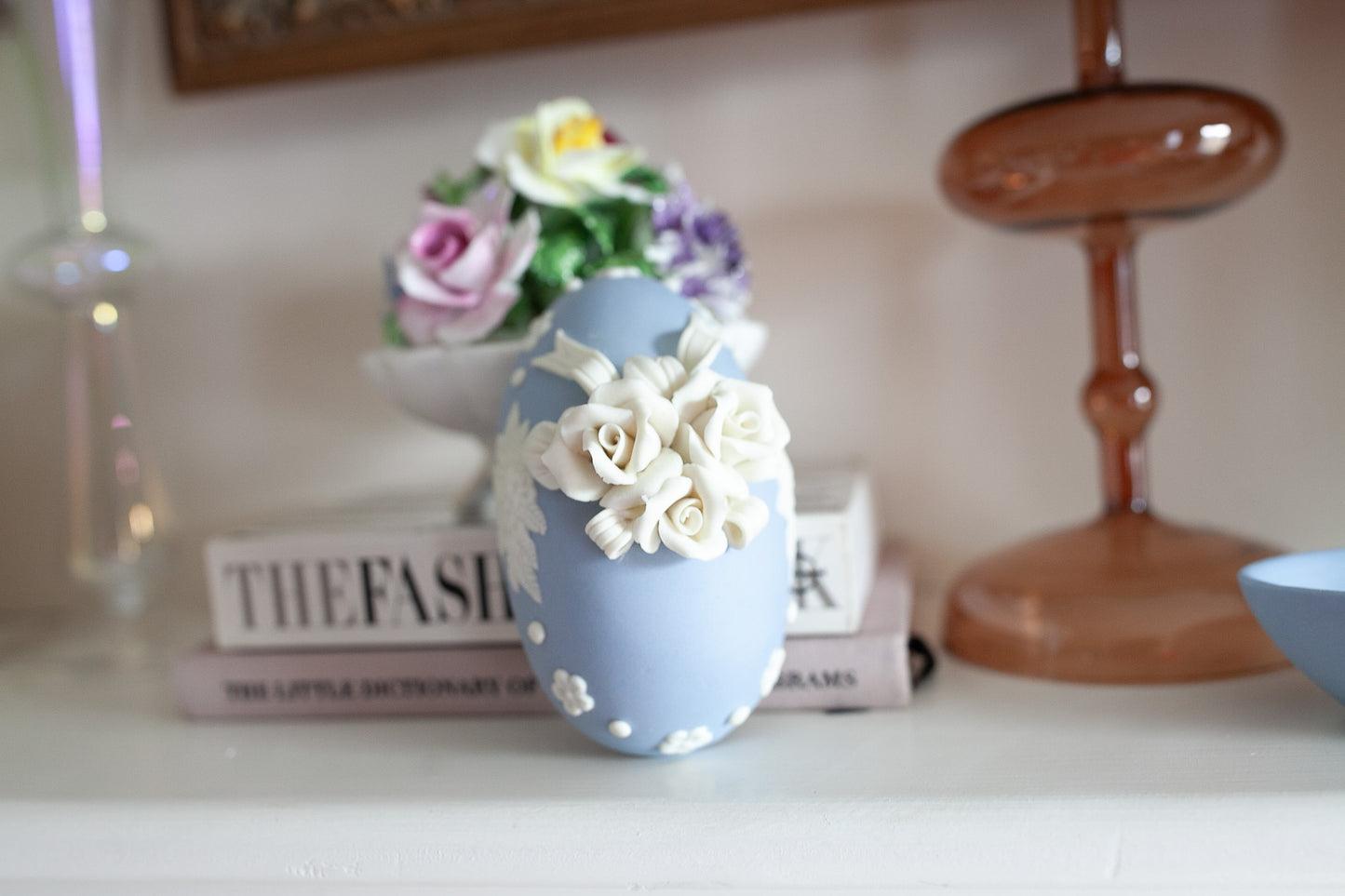 Vintage Egg Trinket Box- Floral Trinket Box- Blue Egg