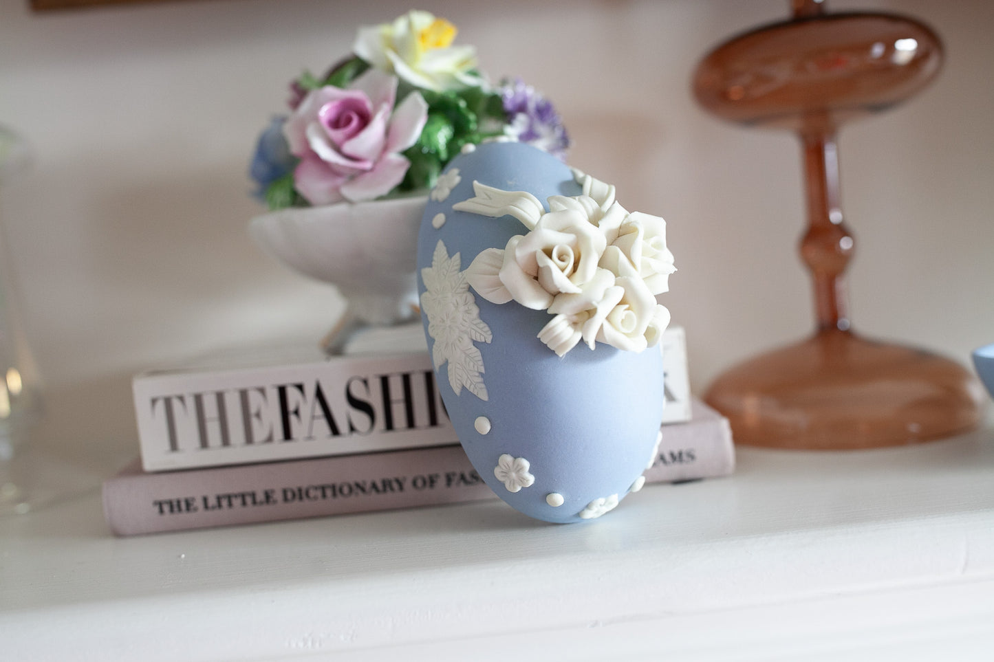 Vintage Egg Trinket Box- Floral Trinket Box- Blue Egg