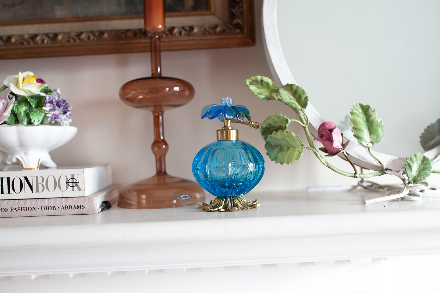 Vintage Perfume Bottle- Flower- Blue Glass