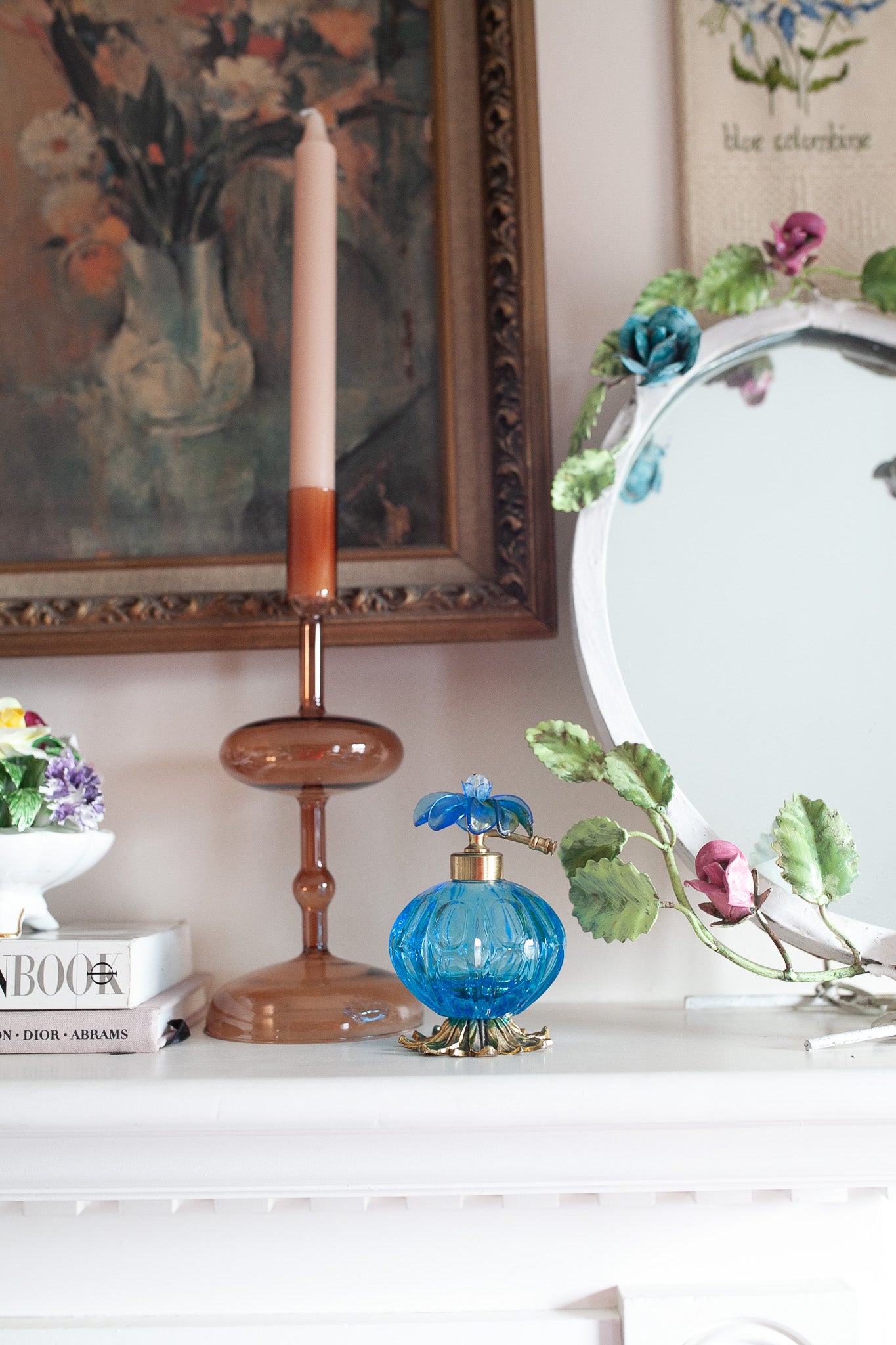 Vintage Perfume Bottle- Flower- Blue Glass