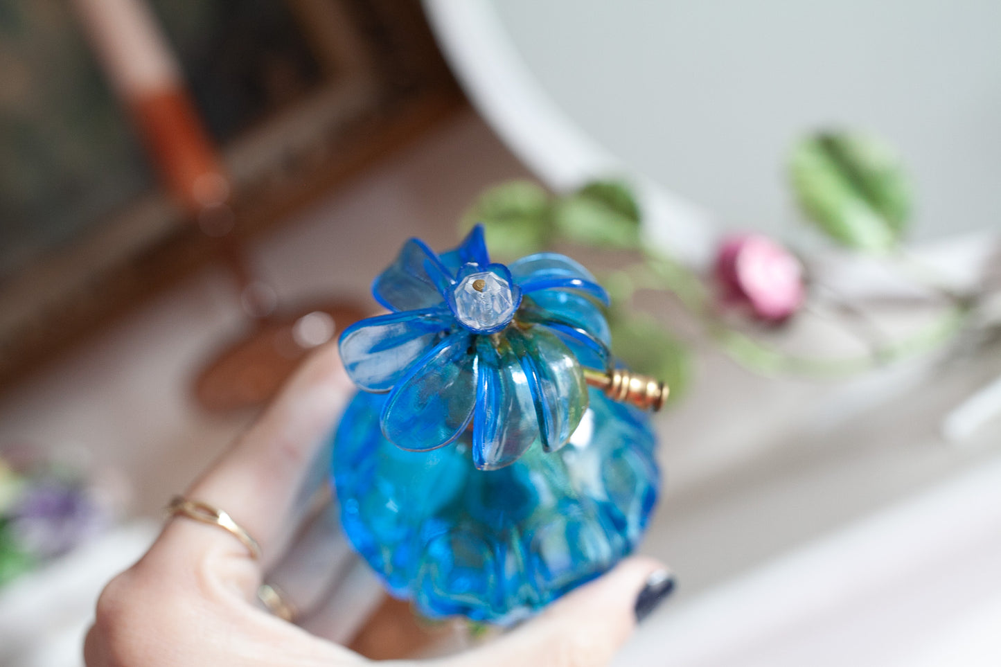 Vintage Perfume Bottle- Flower- Blue Glass