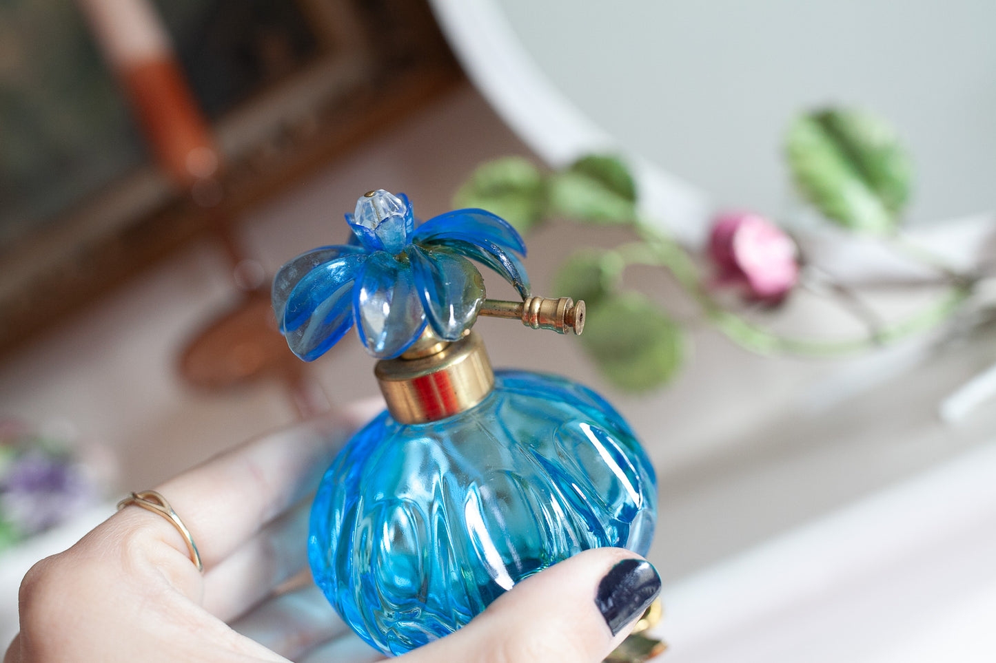 Vintage Perfume Bottle- Flower- Blue Glass