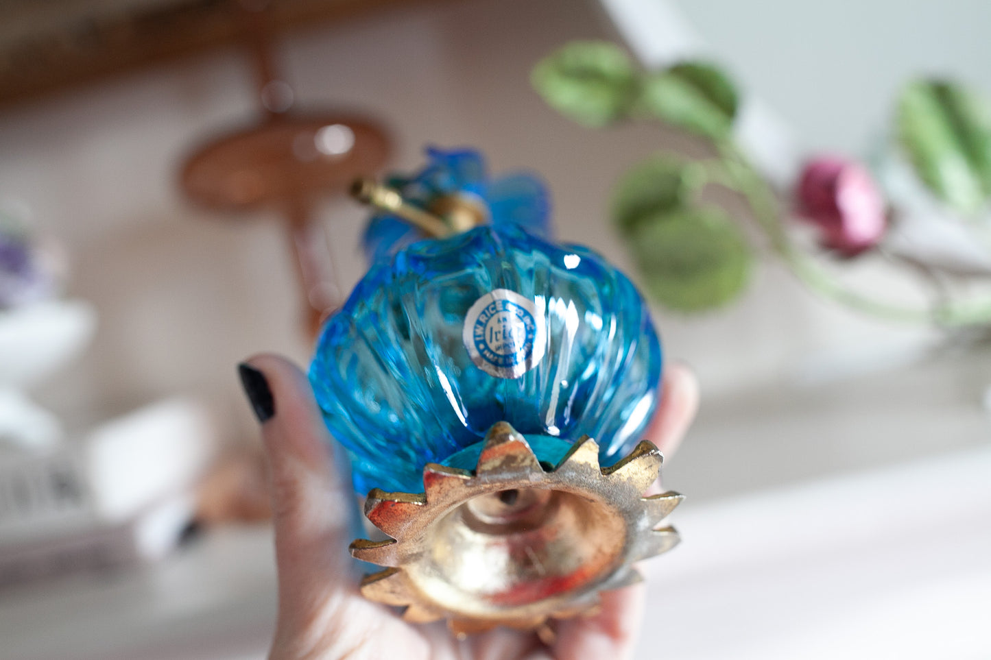 Vintage Perfume Bottle- Flower- Blue Glass