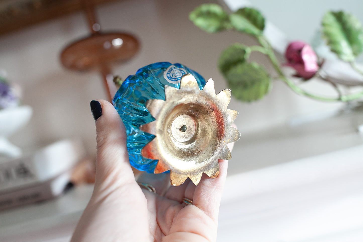 Vintage Perfume Bottle- Flower- Blue Glass