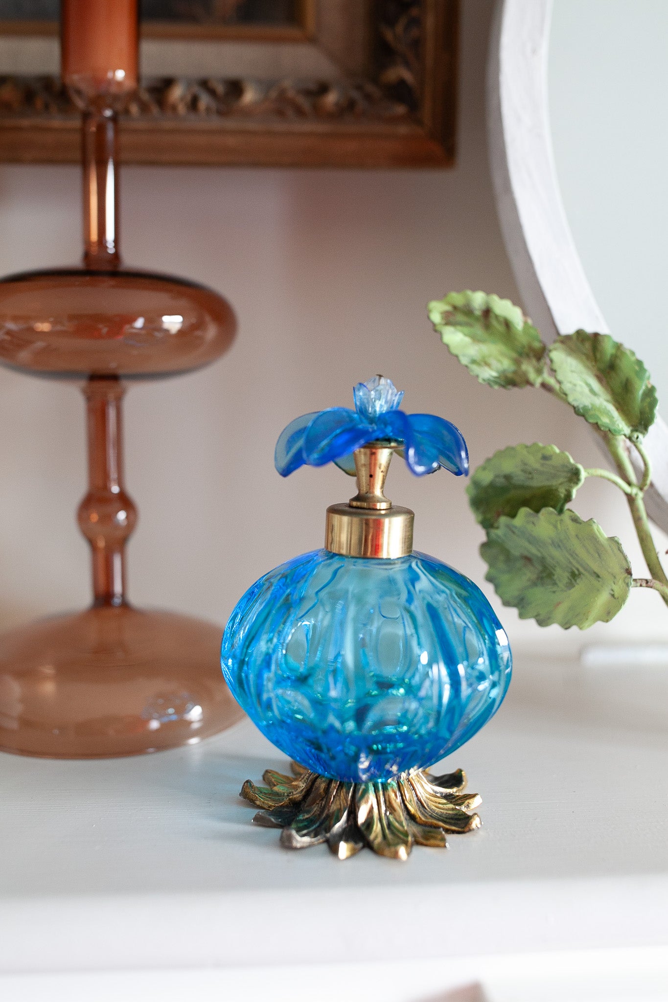 Vintage Perfume Bottle- Flower- Blue Glass