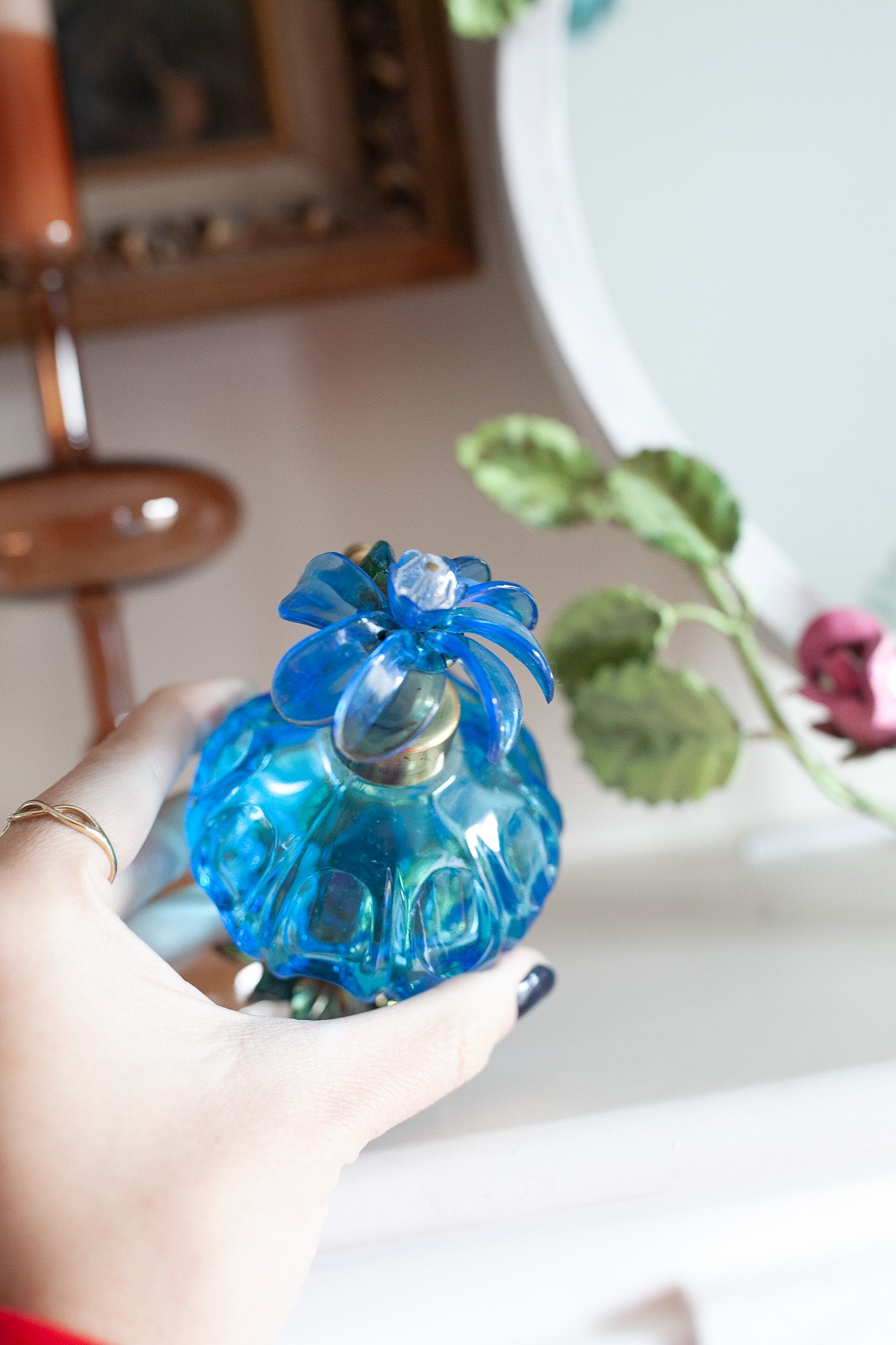 Vintage Perfume Bottle- Flower- Blue Glass