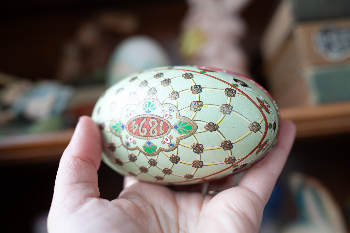 Vintage Faberge Tin Litho Egg Gift Box for Your Special Trinkets or Jewelry 1894