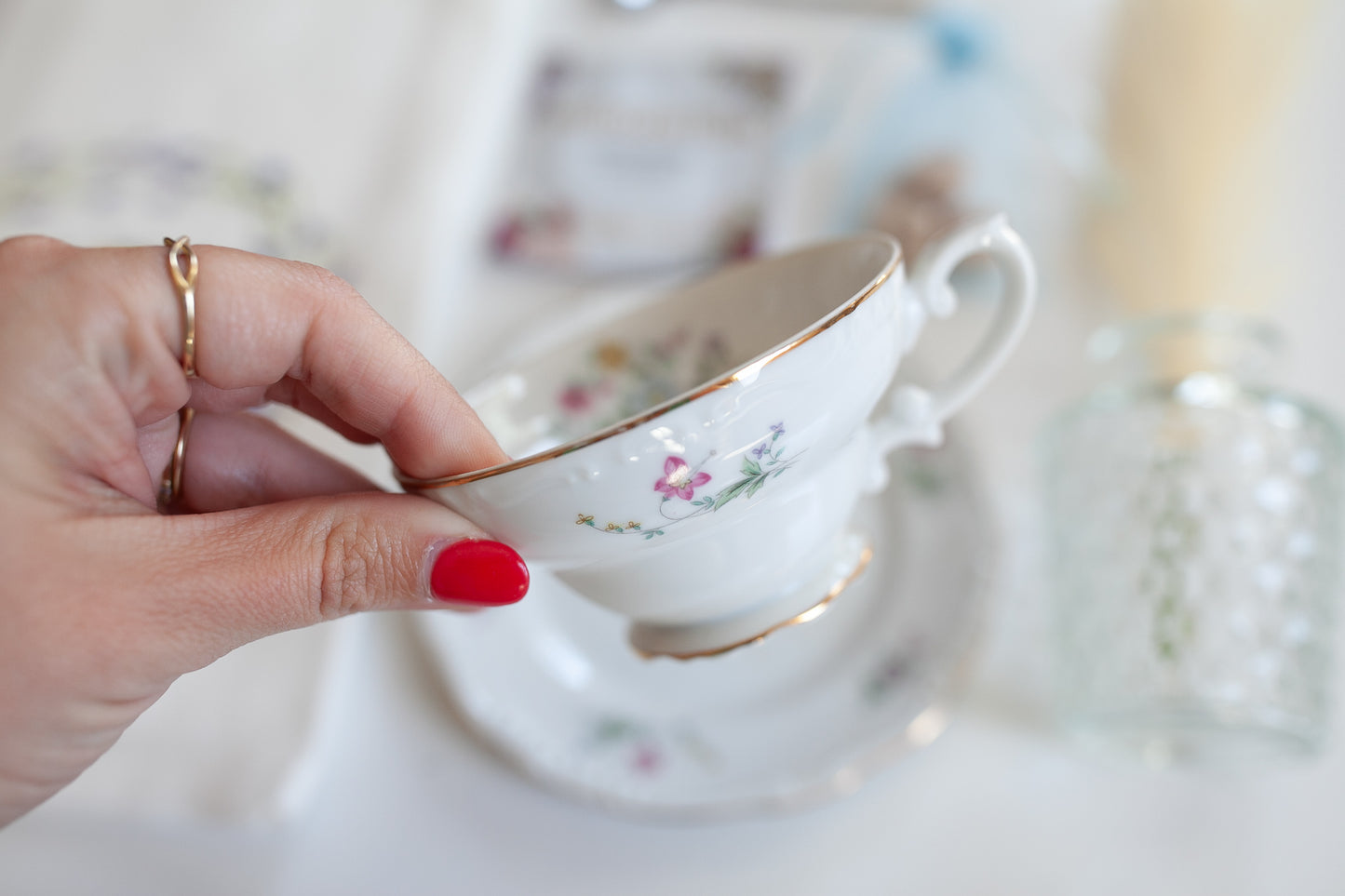 Teacup Gift Box- Tea Towel and Multi Colored Floral Tea Cup- Box K- Vintage Gift Set- Bridgerton -Teacher Appreciation-Gift- Vintage Tea Cup