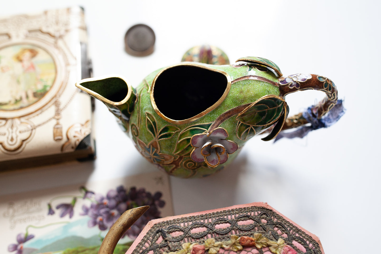 Vintage Teapot - Enamel Teapot -Vintage Metal Cloisonne Pear Teapot