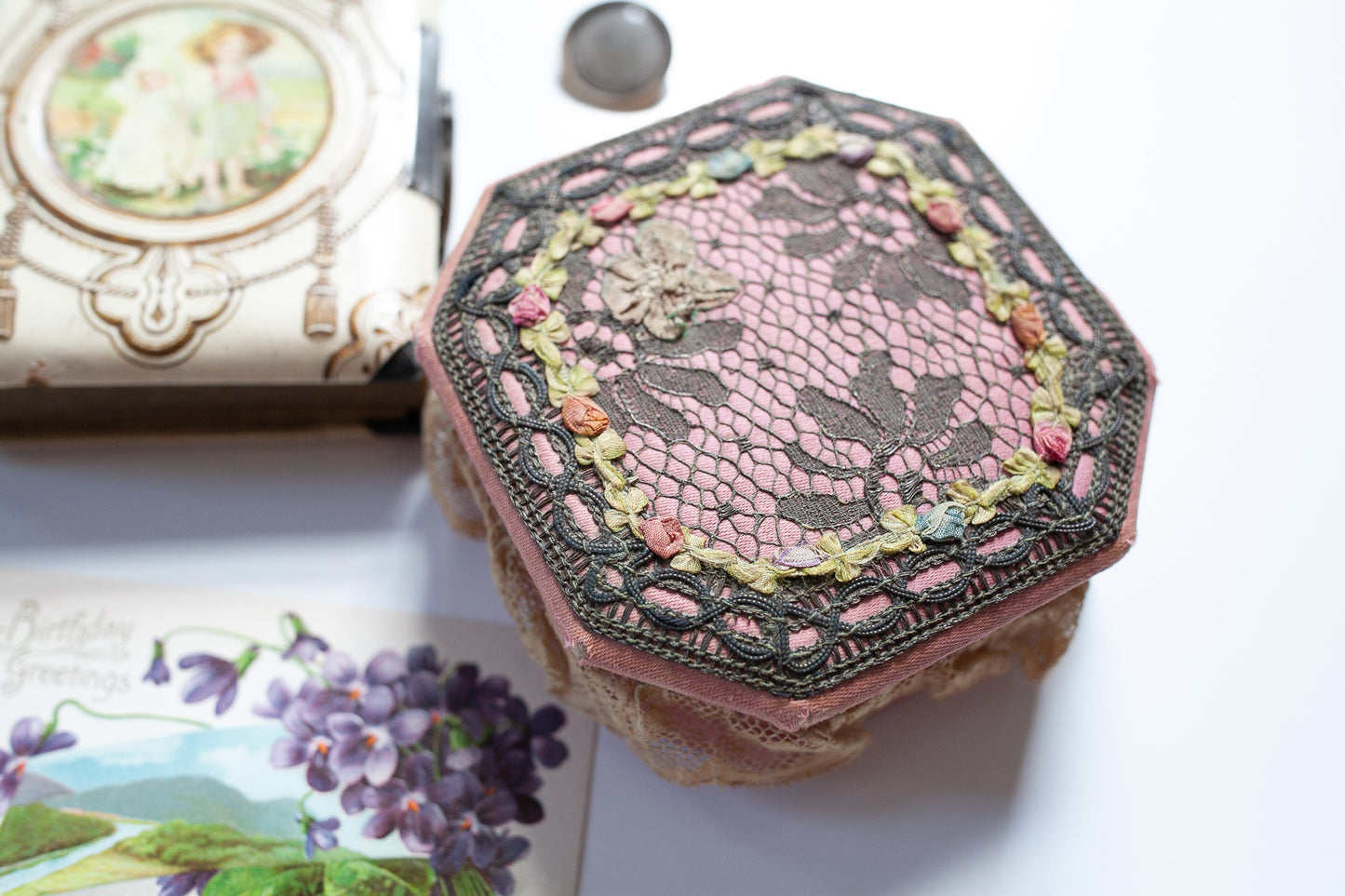 Vintage Trinket Box - Pink Fabric Box