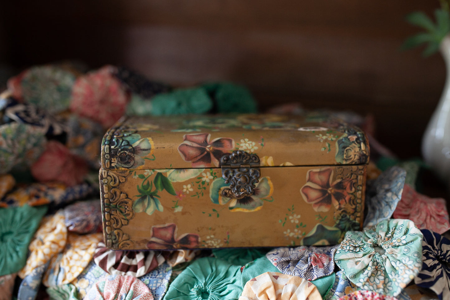 Victorian Celluloid Paper Covered Box -Floral Pansy Box