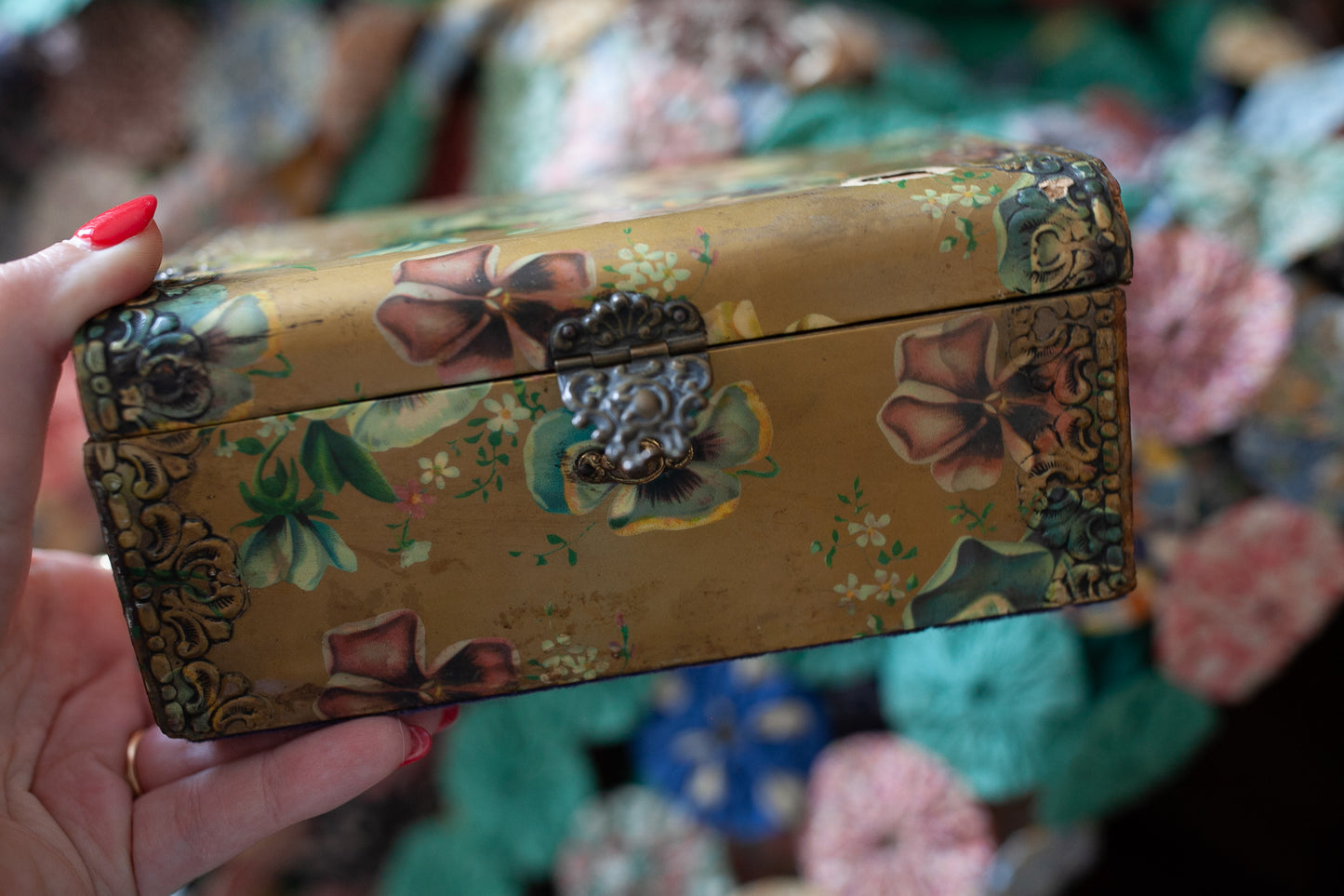 Victorian Celluloid Paper Covered Box -Floral Pansy Box