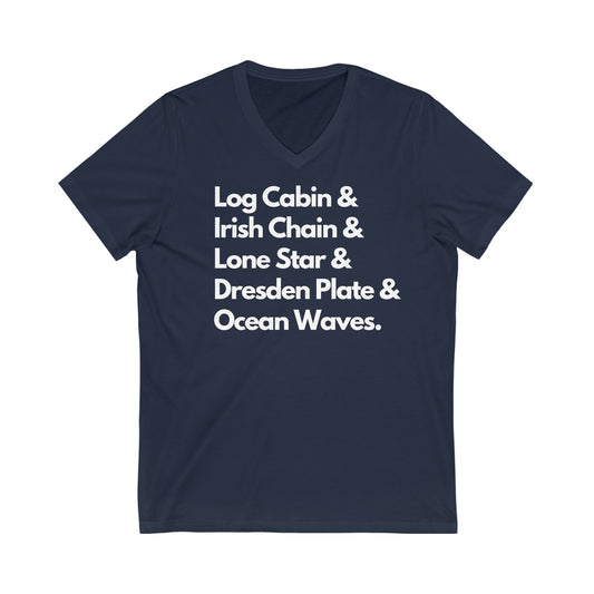 Quilt Pattern Tee Shirt V Neck- Quilter- Quilt Collector Tee- Unisex Jersey Short Sleeve V-Neck Tee