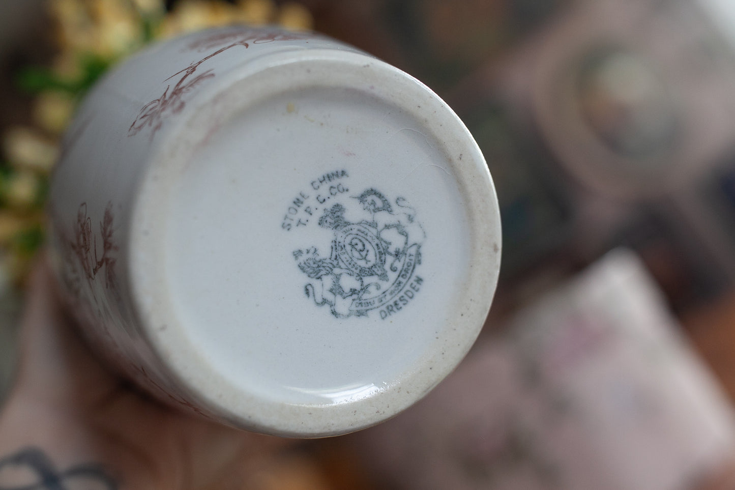 Vintage Pitcher with Bird Design - White and Pink Pitcher -Dresden stamped base