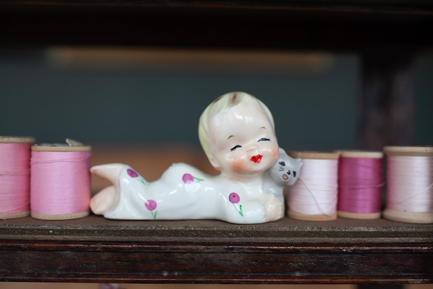 Enesco figurines holding stuffed animal in pajamas, enesco collectible, Rare enesco figurines, child figurine, nursery decor,