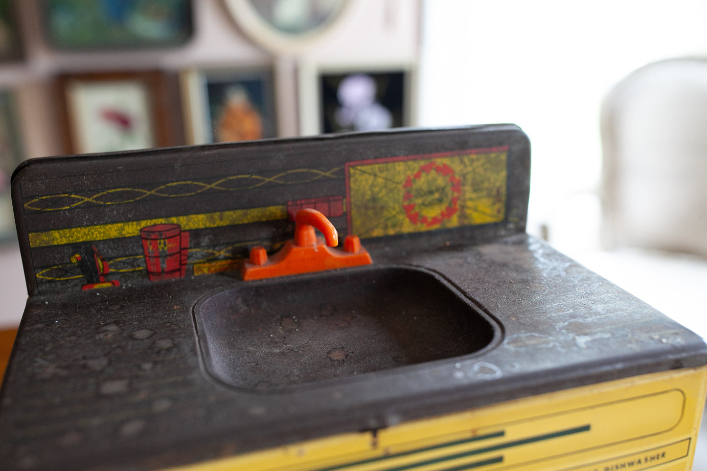 Vintage Sunny Suzy Kitchen Sink- Metal Kitchen Sink- Doll Furniture- Metal toy kitchen- Yellow