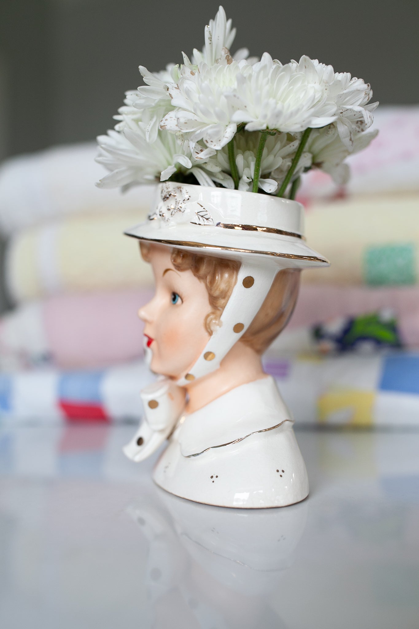 Vintage lady head vase- Head Vase - Hat Head Vase - Ucagco Polka dot Bow