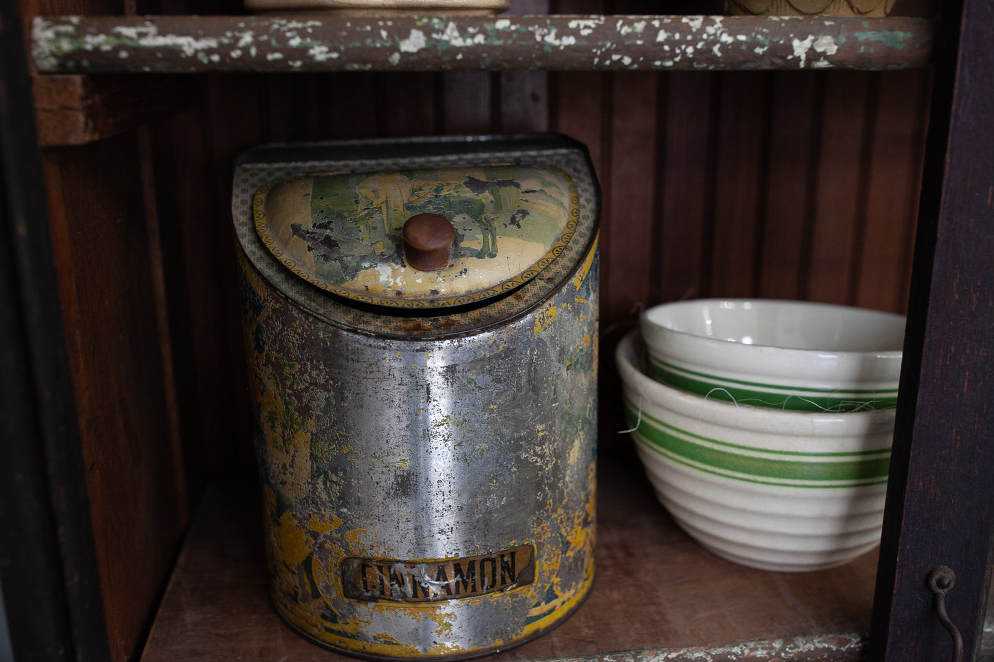 Antique Tin- Antique Cinnamon Tin with Hinged Lid- Tin General Store Spice Box