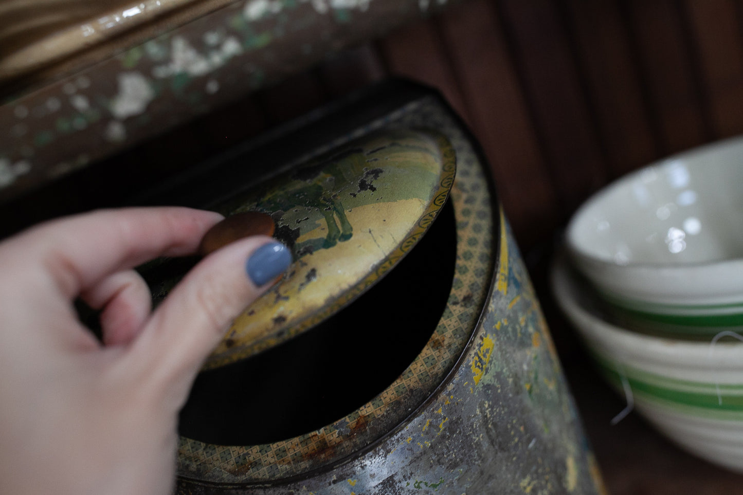 Antique Tin- Antique Cinnamon Tin with Hinged Lid- Tin General Store Spice Box