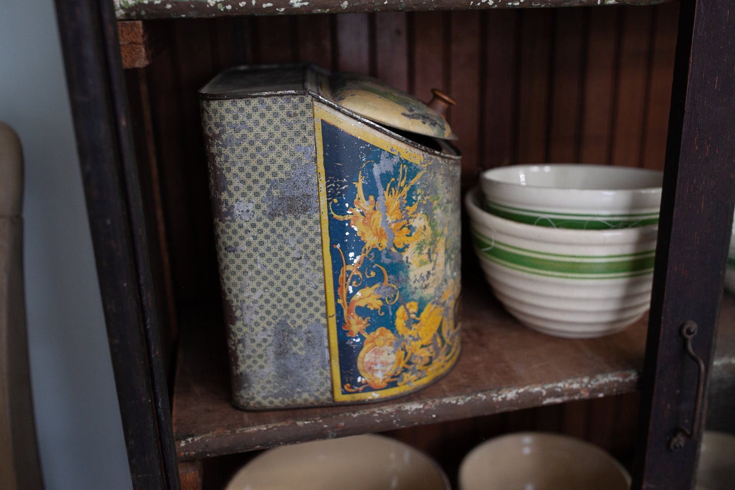 Antique Tin- Antique Cinnamon Tin with Hinged Lid- Tin General Store Spice Box