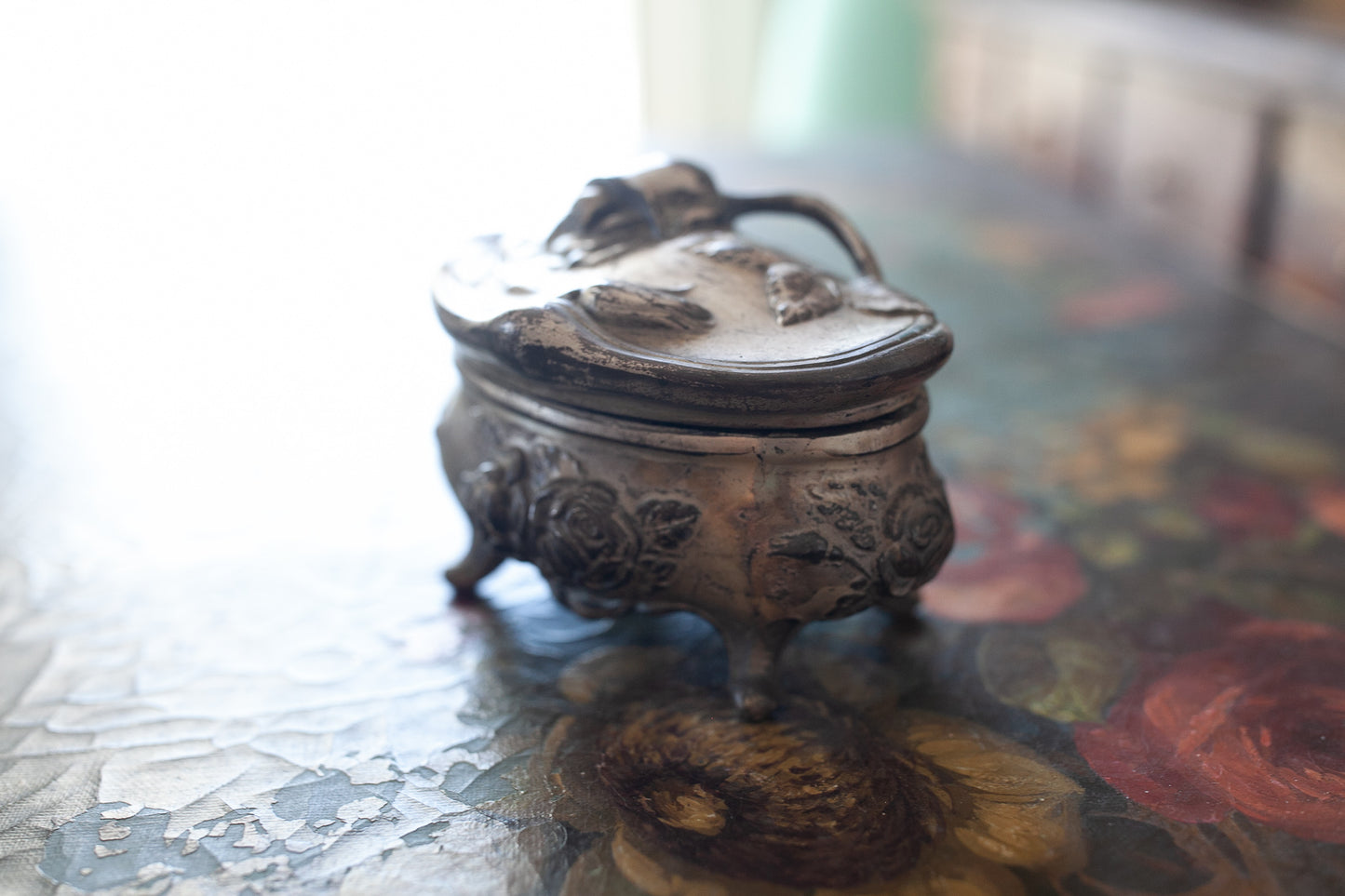 Vintage Silver Jewelry Trinket Ring Oval Box with Ornate Top, Art Nouveau