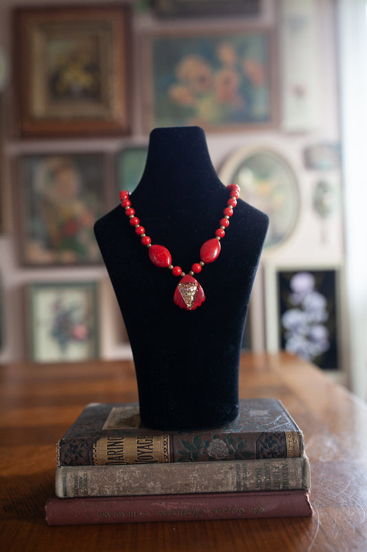 Vintage Costume Jewelry - Red Beaded Necklace