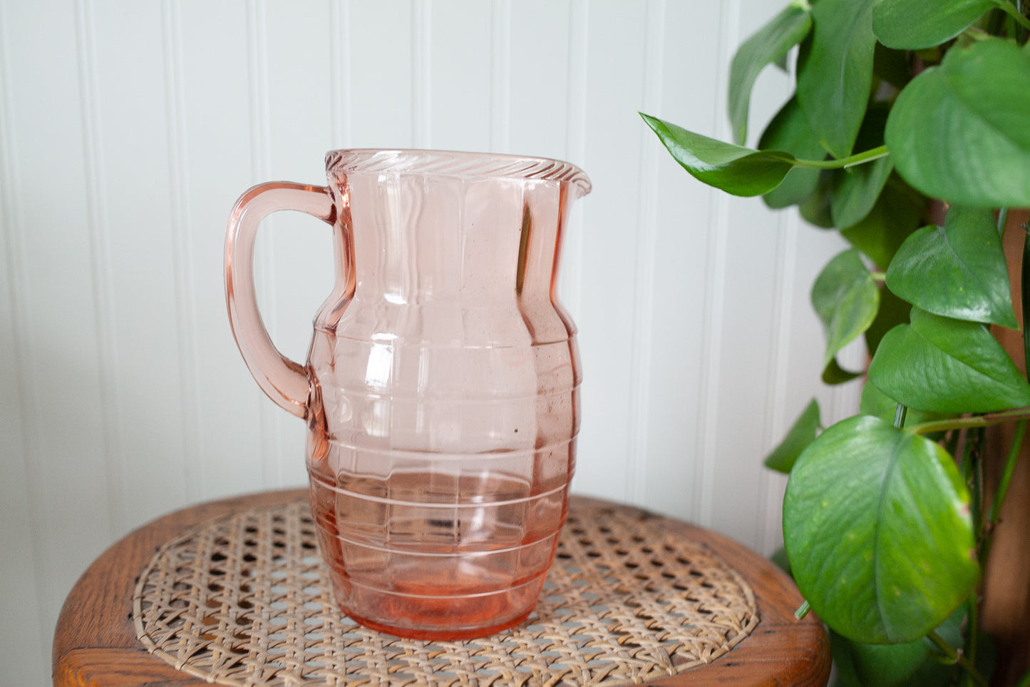 Pink Depression Glass Pitcher - Block Optic Pink Pitcher Rope Edge