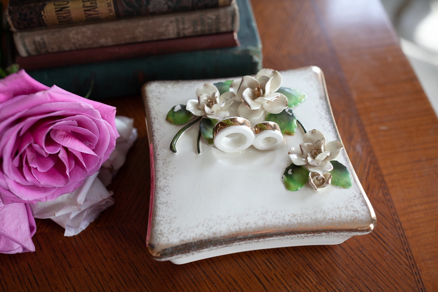 Vintage Lefton Trinket Box - Wedding Ring Dish - Flower Box