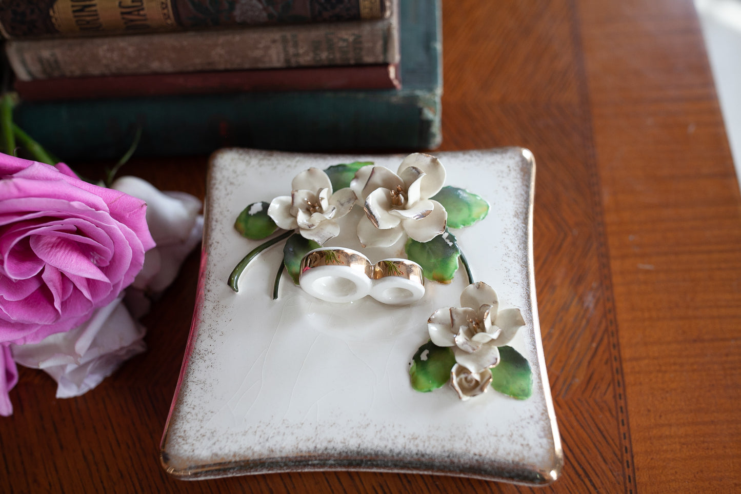 Vintage Lefton Trinket Box - Wedding Ring Dish - Flower Box