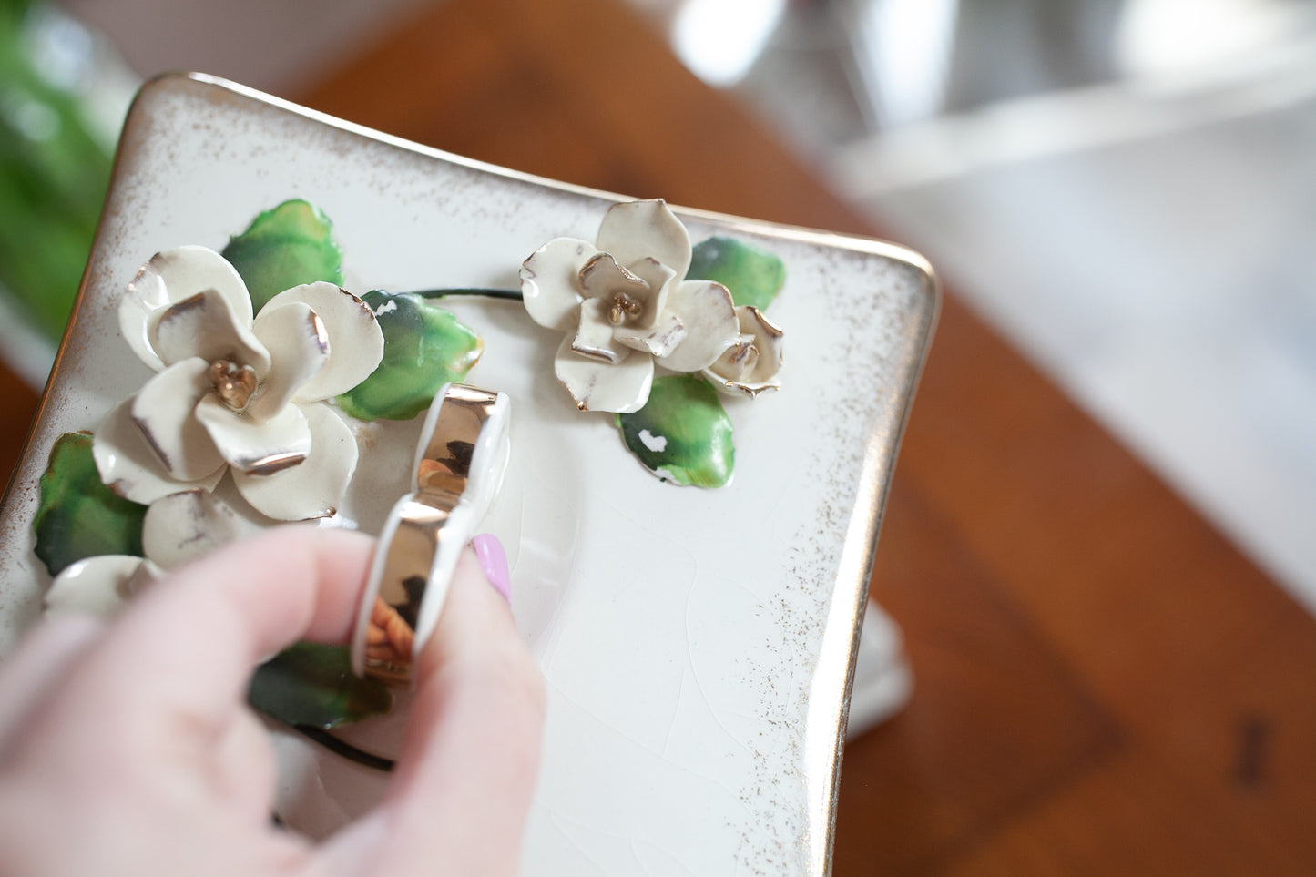 Vintage Lefton Trinket Box - Wedding Ring Dish - Flower Box