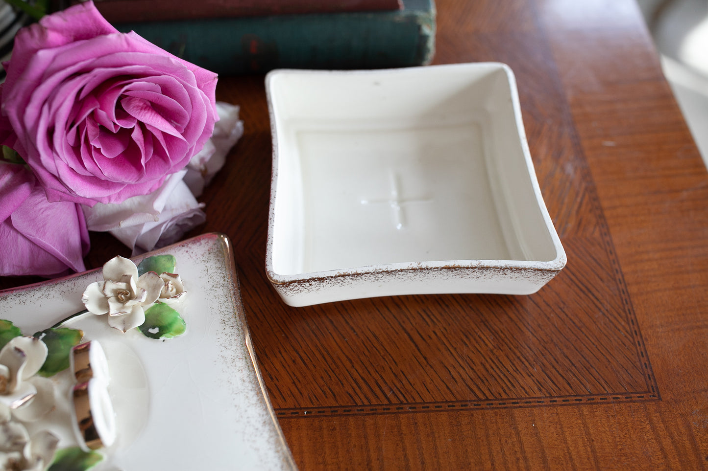 Vintage Lefton Trinket Box - Wedding Ring Dish - Flower Box