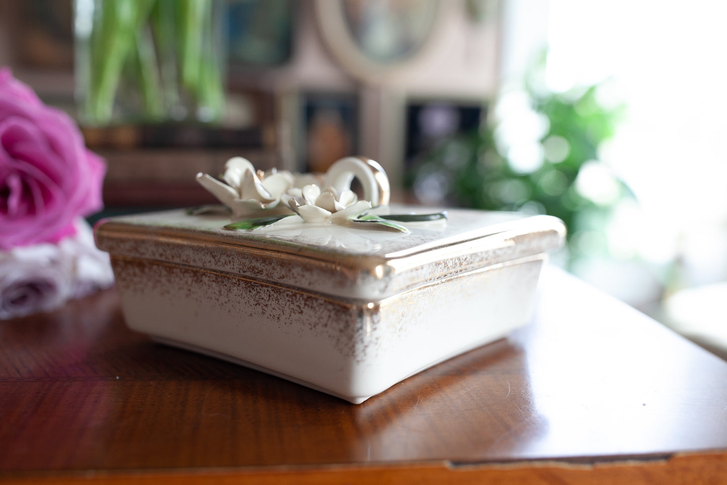 Vintage Lefton Trinket Box - Wedding Ring Dish - Flower Box