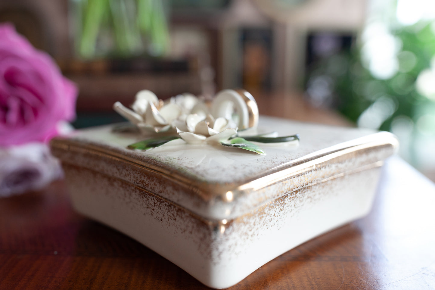 Vintage Lefton Trinket Box - Wedding Ring Dish - Flower Box